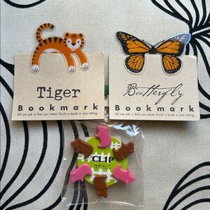 Tiger & Butterfly Bookmark & 6 pink & brown piglet clips. All new, never used.